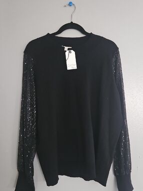 Sequin-Sleeve Black Crewneck Sweater
